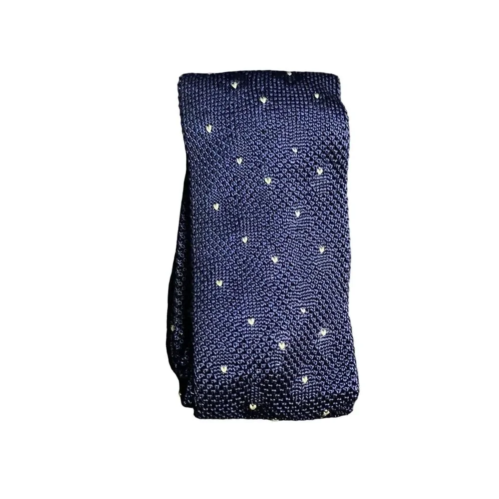 #6878 Handmade Knit Navy Blue Tiny White Hearts Mens Necktie, Tie 2.25 in wide